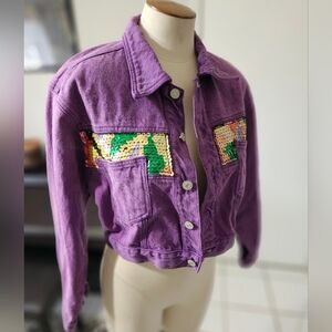 Corniche Purple Denim Jacket, Size Small, Sequin Embellishments, 80s Vintage VTG